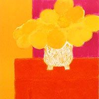 割引可ENCHANTE/ベルナール・カトラン 「オレンジのチェストの上の中国花瓶の花」/リトグラフ/鮮やかな色彩と抽象化された丸い花/真作保証 石版画、リトグラフ