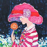マグENCHANTE/ウイルリング・エプコ 「カプリーヌをかぶった少女」 /リトグラフ/直筆サイン有り/大きな赤い帽子の女の子/オランダ出身/真作保証 石版画、リトグラフ